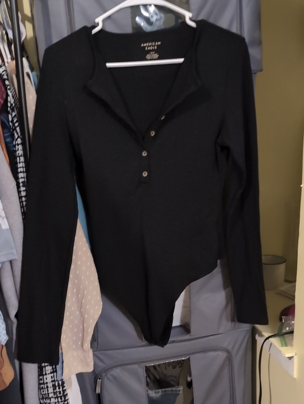 American Eagle Outfitters Black Long-Sleeve Henley Bodysuit